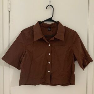 brown collared cropped shirt size medium